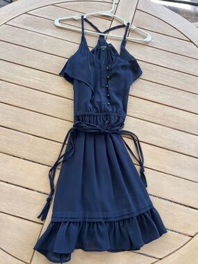 Guess Navy Ruffle-Hem Mini Dress with Button Front
